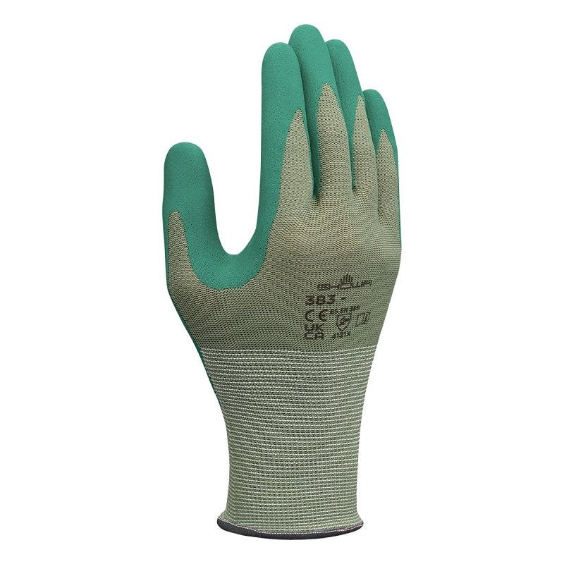 Showa 383-XL/09 Coated Gloves, XL, 250 mm L, Nitrile Coating, Polyester, Green