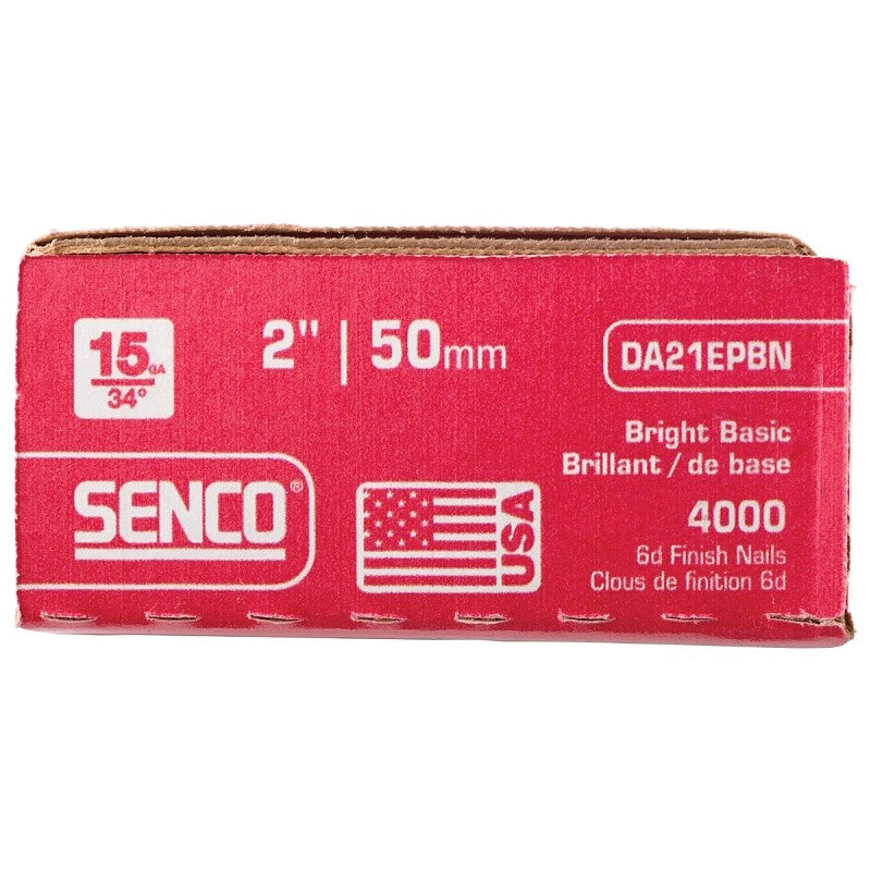 Senco DA21EPBN Series Finish Nail, Glue Collation, 2 in L, 15 ga, Steel, Bright Basic, Brad Head, Smooth Shank