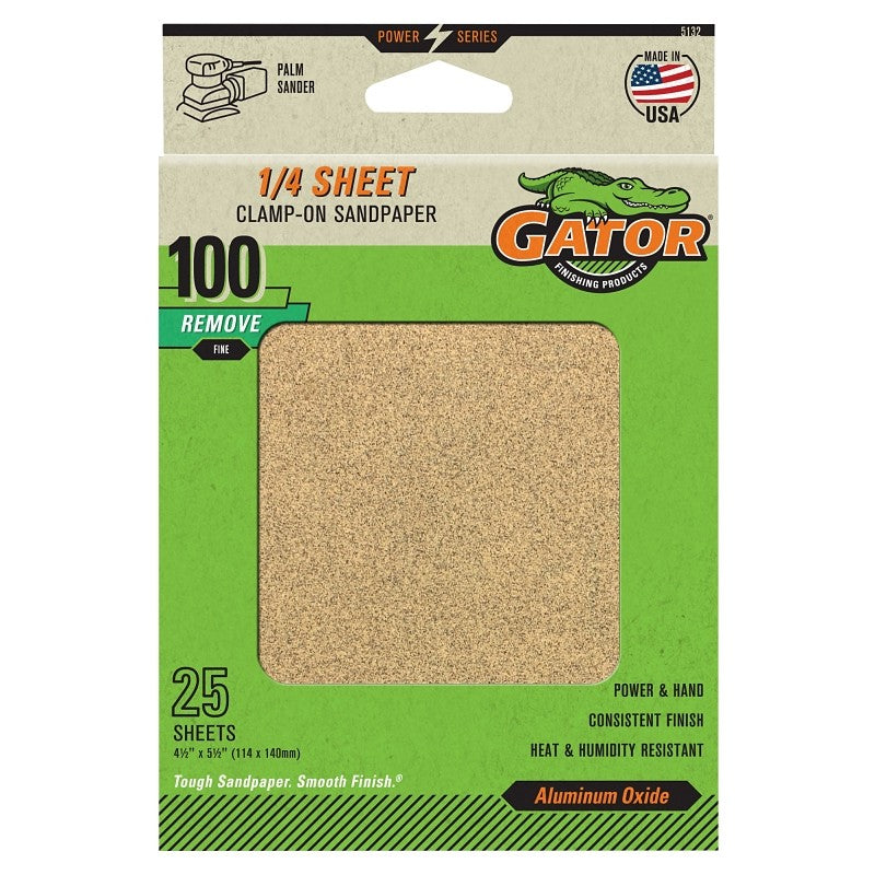Gator 5132 Sanding Sheet, 5-1/2 in W, 4-1/2 in L, 100 Grit, Medium, Aluminum Oxide Abrasive, Paper Backing