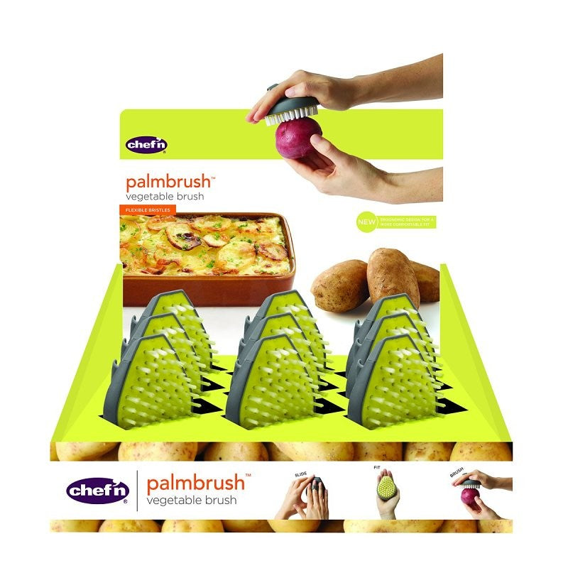 Chef'n 102-216-336 Palm Vegetable Brush, 3-1/2 in OAL, Plastic Handle, Gray/Yellow Handle (Pack of 9)