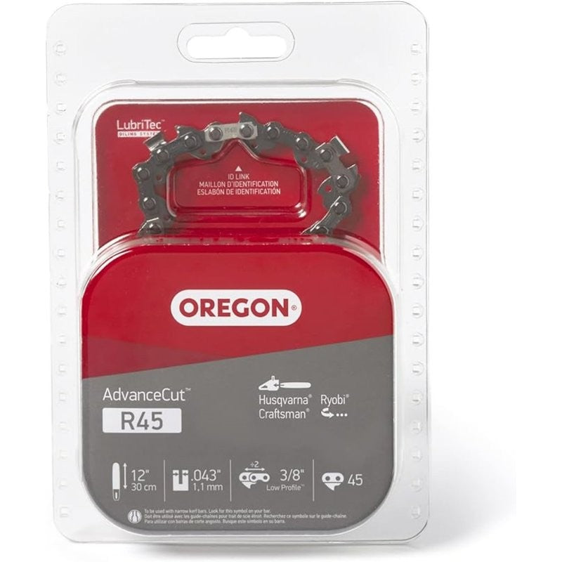 Oregon AdvanceCut R45 Chainsaw Chain, 12 in L Bar, 0.043 Gauge, 3/8 in TPI/Pitch, 45-Link