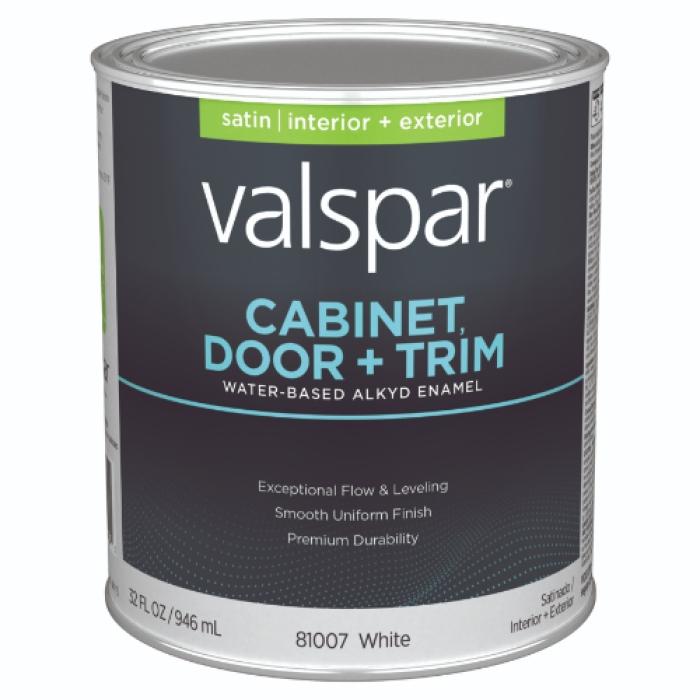 Valspar 8100 028.0081007.005 Cabinet, Door and Trim Paint Enamel, Water Base, Satin Sheen, White Base, 1 qt