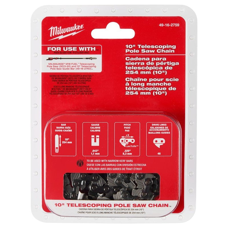 Milwaukee M18 49-16-2759 Telescoping Pole Saw Chain, 10 ft L Bar, 0.043 in Gauge, 0.325 TPI/Pitch, 46-Link