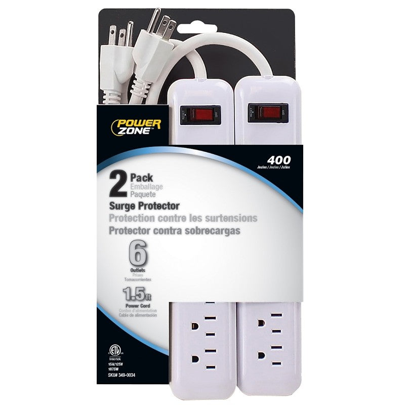 PowerZone OR2013X2 Surge Protector, 125 V, 15 A, 6-Outlet, 400 Joules Energy, White