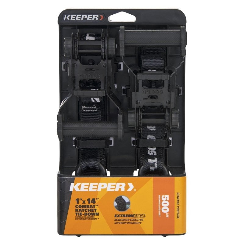 Keeper 85454 Tie-Down, Combat Ratchet Adjustment, 1 in W, 14 ft L, Black, 500 lb Working Load, S-Hook End, 2/PK