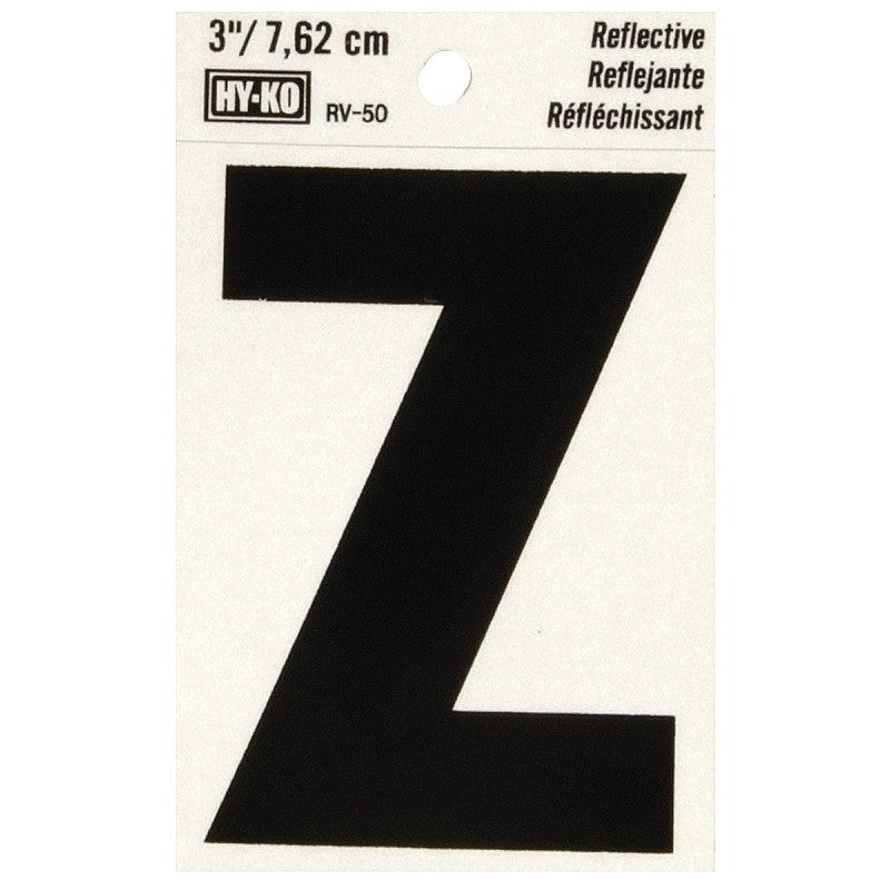 Hy-Ko RV-50/Z Reflective Letter, 2-1/2 in W x 4 in H Dimensions, Character: Z, 3 in H Character, Black Character, Vinyl (Pack of 10)
