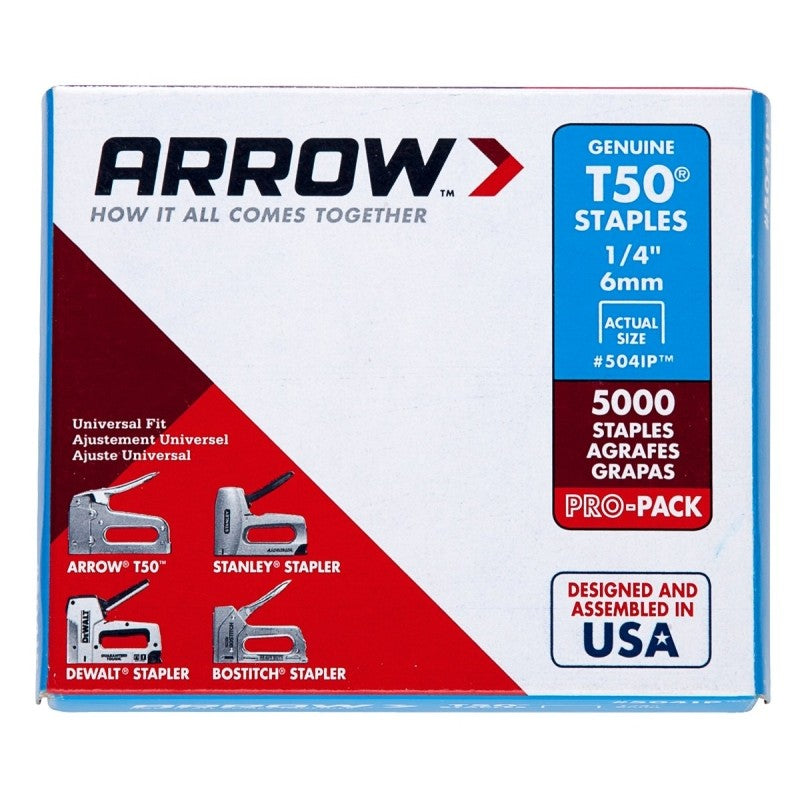 Arrow T50 Series 504IP Staple, For: ETF50PBN, ETFX50, CT50, 5100 Stapler, 3/8 in W Crown, 1/4 in L Leg