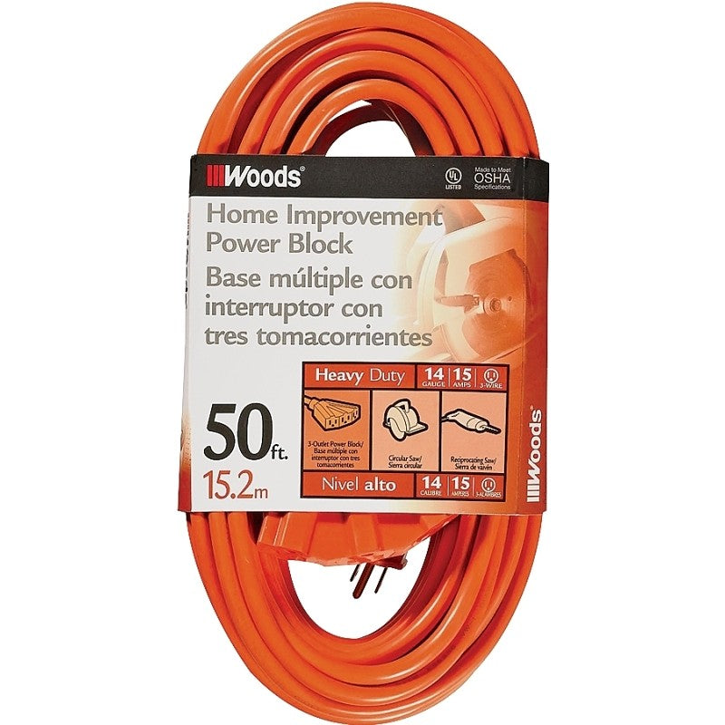 CCI 0826 Extension Cord, 14 AWG Cable, 50 ft L, 15 A, 125 V, Orange