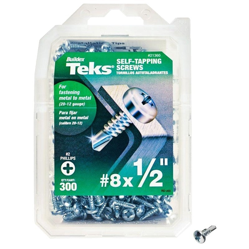 Teks 21360 Screw, #8 Thread, 1/2 in L, Coarse Thread, Pan Head, Phillips Drive, Self-Drilling, Self-Tapping Point