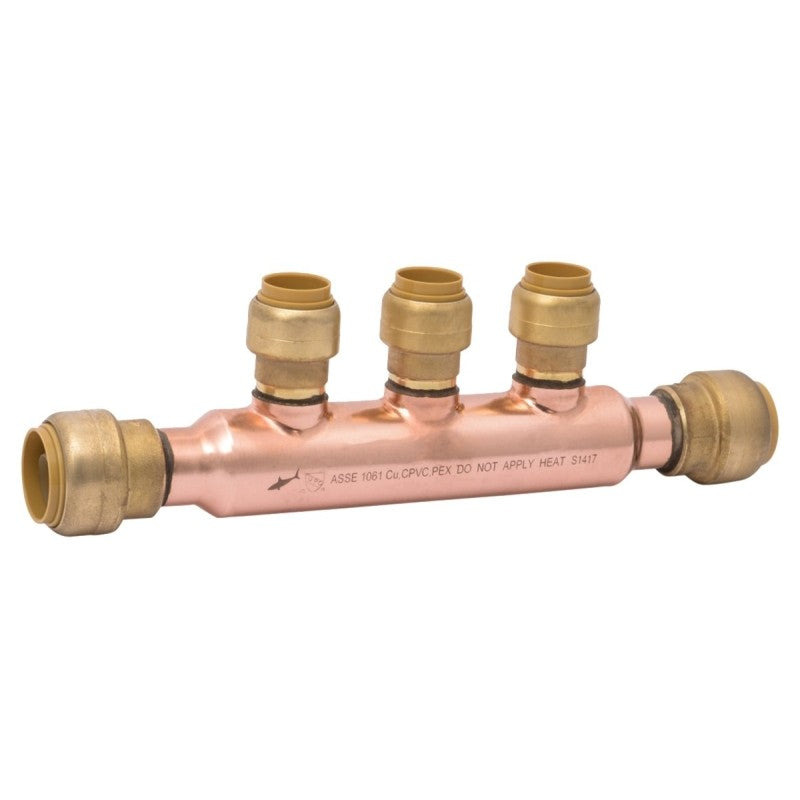 SharkBite 25552LF Open Multi-Port Manifold Tee, 8.35 in OAL, 3/4 in Inlet, 3-Outlet, 1/2 in Outlet, DZR Brass