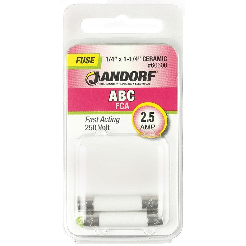Jandorf 60600 Fast Acting Fuse, 2.5 A, 250 V, 100 A, 10 kA Interrupt, Ceramic Body
