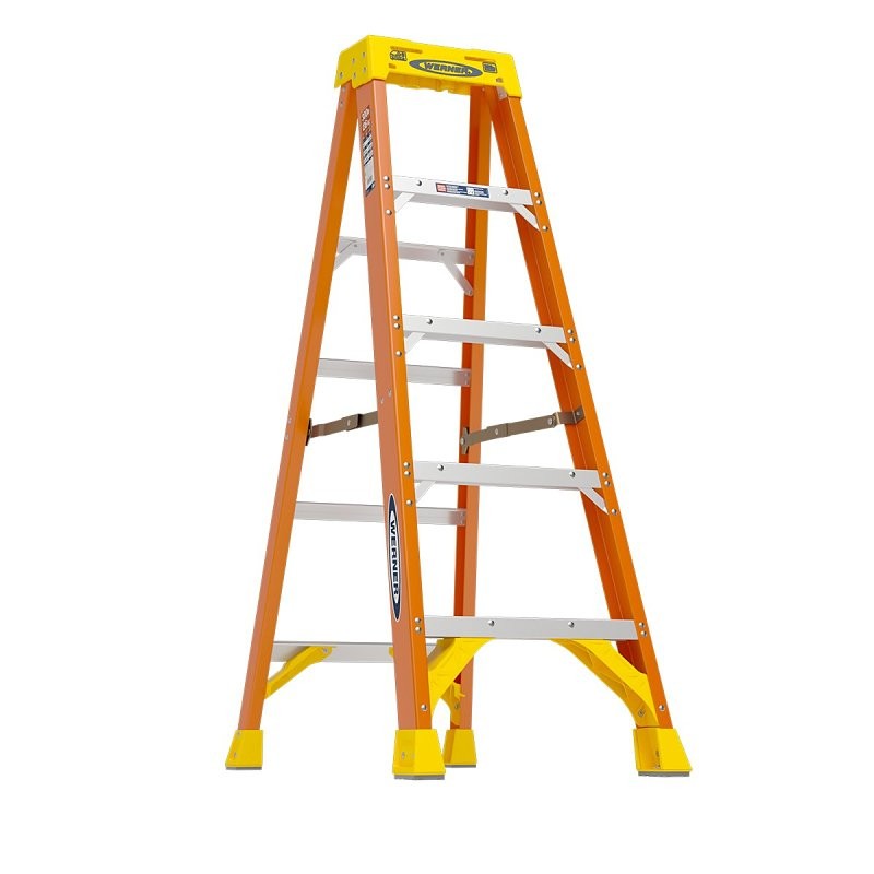 WERNER 6205 Step Ladder, 9 ft Max Reach H, 4-Step, 300 lb, Type IA Duty Rating, 3 in D Step, Fiberglass, Yellow