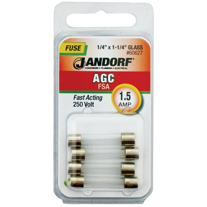 Jandorf 60627 Series Fast Acting Fuse, 0.11 Ohm, 1.5 A, 250 V, 100 A, 10 kA Interrupt, Glass Body