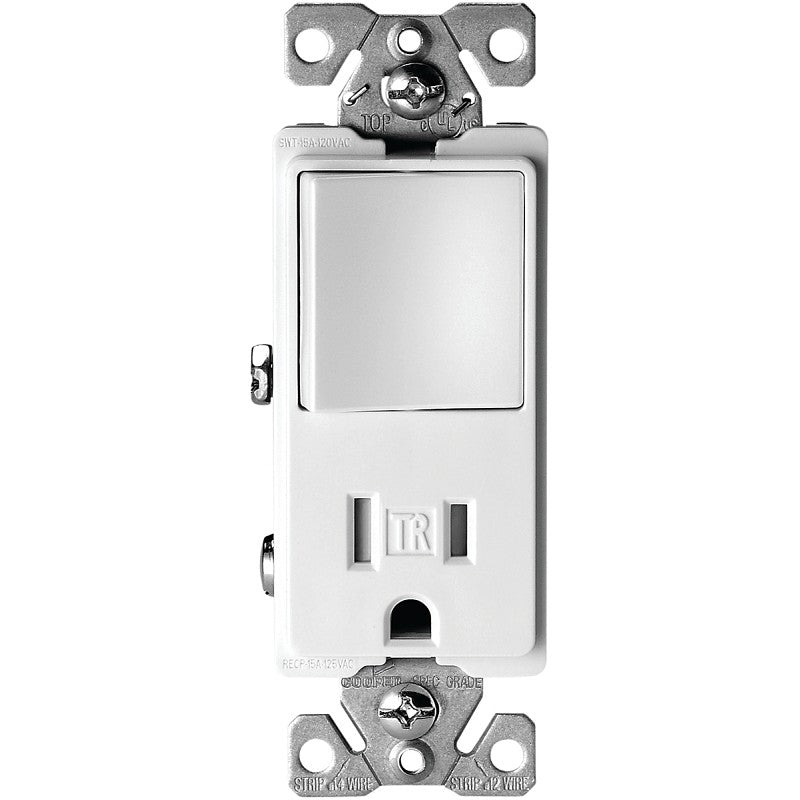 Eaton Cooper Wiring TR7730W Combination Switch/Receptacle, 1 -Pole, 15 A, 120/277 V, White