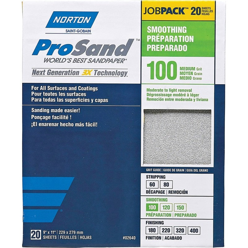Norton ProSand 07660768173 Sanding Sheet, Tan, 11 in L, 9 in W, Medium, 100 Grit, Aluminum Oxide Abrasive, Paper Backing