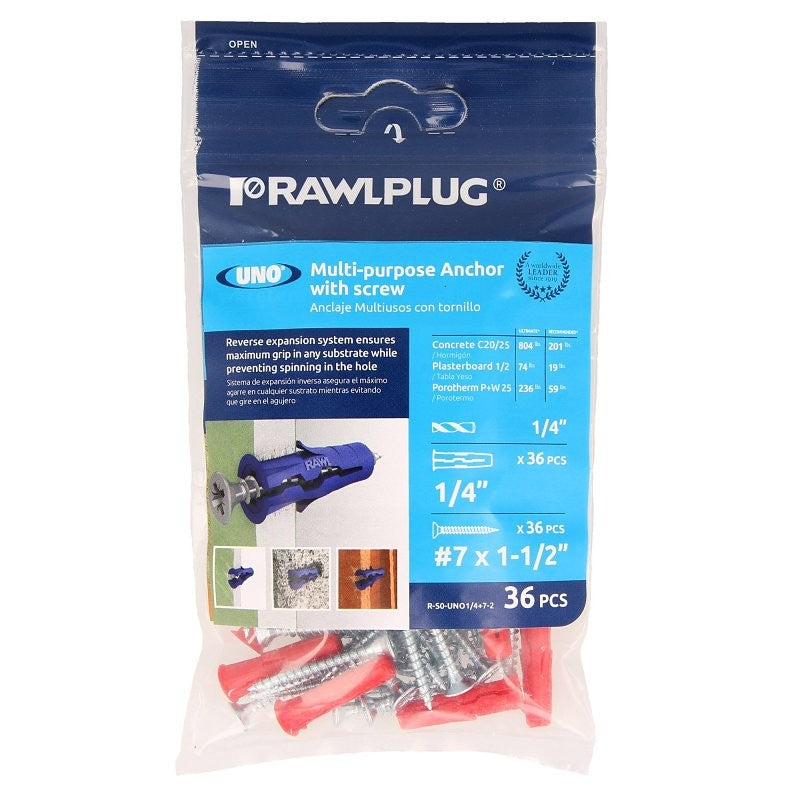 Rawlplug R-S0-UNO1/4+7-2 Drywall Anchor, 28 mm L, Nylon, 20 to 160 lb (Pack of 6)