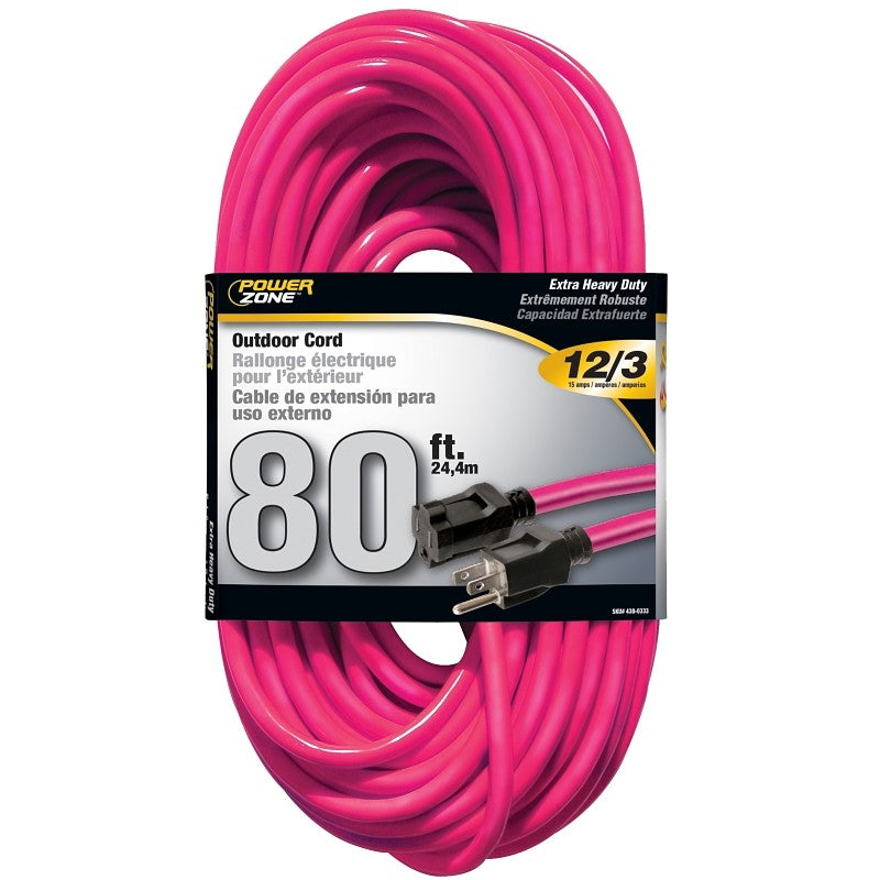 PowerZone ORN513833 Extension Cord, 12 AWG Cable, 80 ft L, 15 A, 125 V, Neon Pink