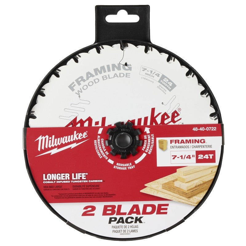 Milwaukee 48-40-0722 Circular Saw Blade, 7-1/4 in Dia, 5/8 in Arbor, 24-Teeth, Carbide Cutting Edge, 2/PK