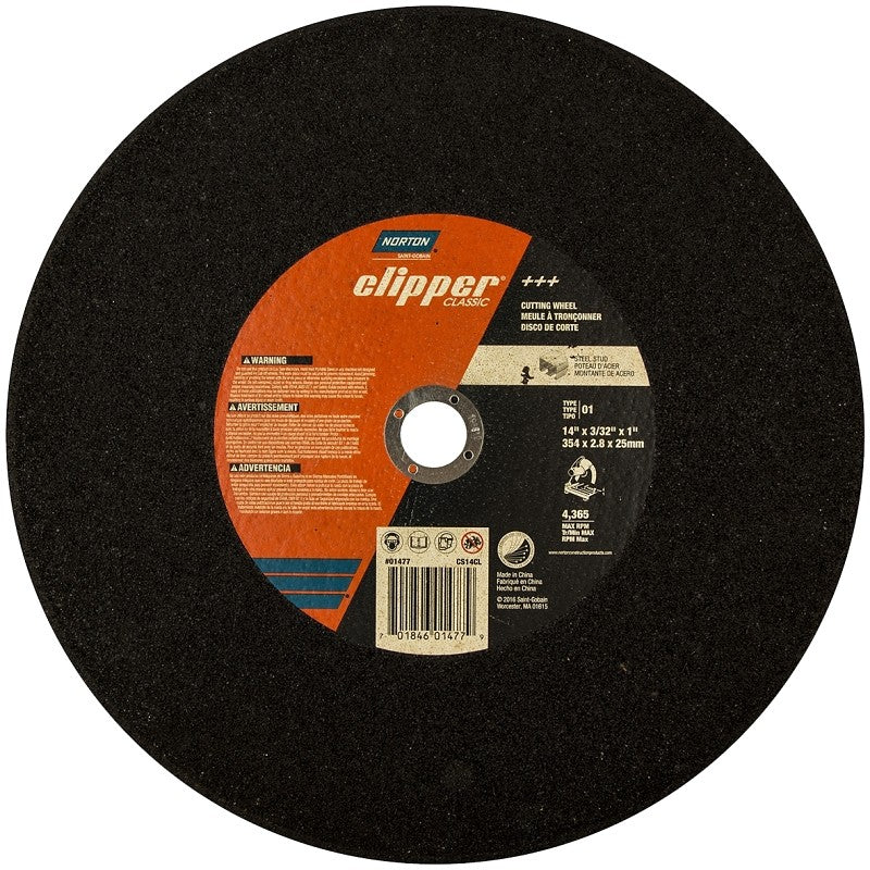 Norton Clipper Classic A AO Series 70184601477 Cut-Off Wheel, 14 in Dia, 3/32 in Thick, 1 in Arbor