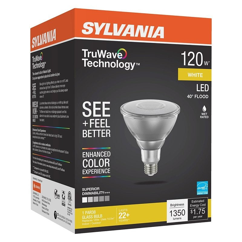 Sylvania 40905 Natural LED Bulb, Floodlight, PAR38 Lamp, E26 Lamp Base, Dimmable, Clear, Cool White Light