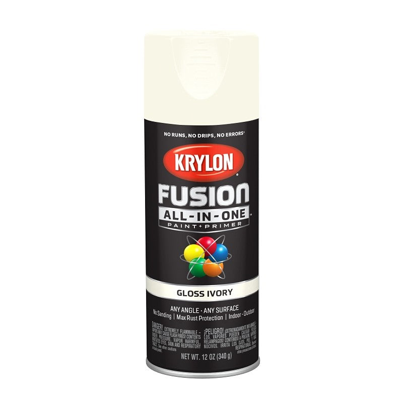 Krylon K02711007 Spray Paint, 12 oz Can, 25 sq-ft Coverage Area, Acrylic Base, Gloss, Ivory, Exterior, Interior