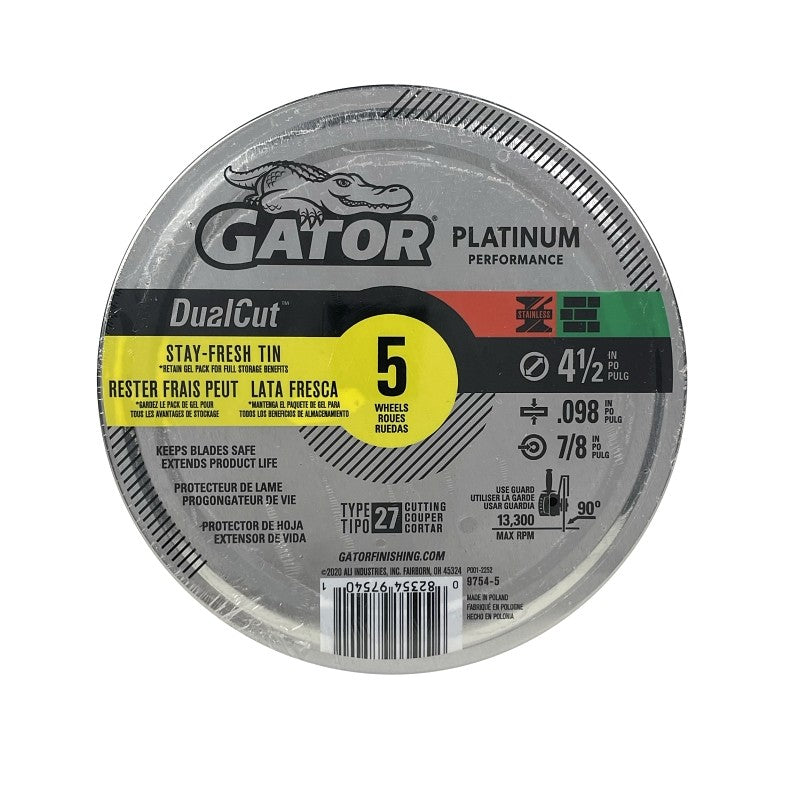 Gator 97545 Cut-Off Wheel, 4-1/2 in Dia, 0.098 in Thick, 7/8 in Arbor, Aluminum Oxide Abrasive