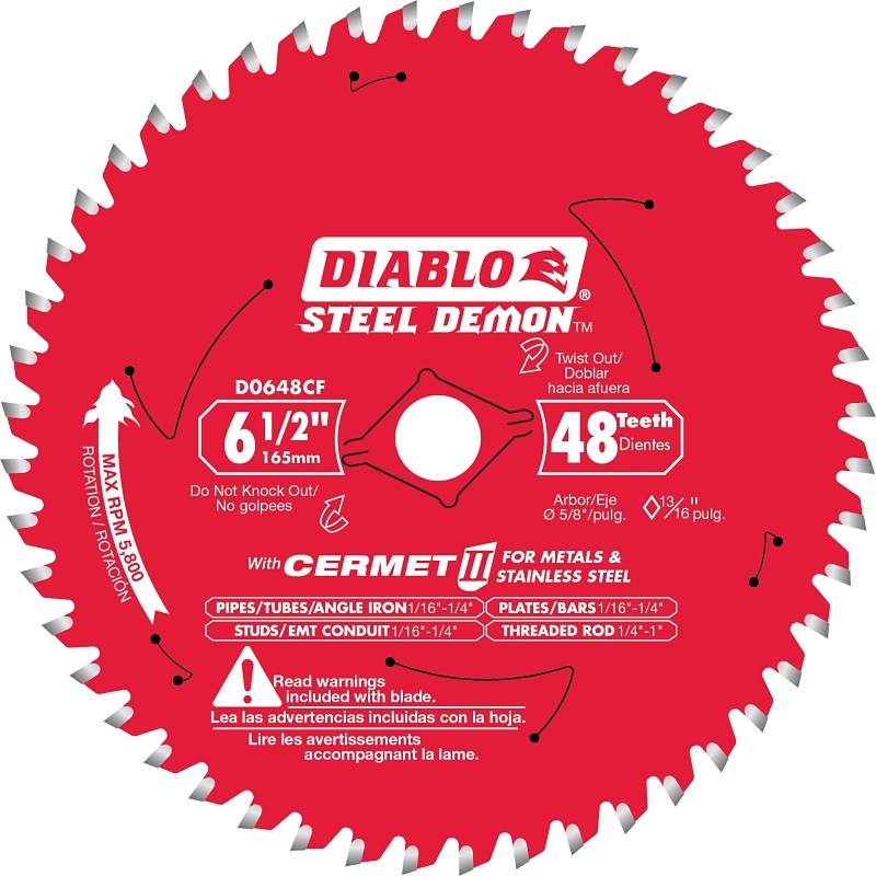 Diablo D0648CFA Saw Blade, 6-1/2 in Dia, 48-Teeth, 5/8 in Arbor, Cermet Cutting Edge