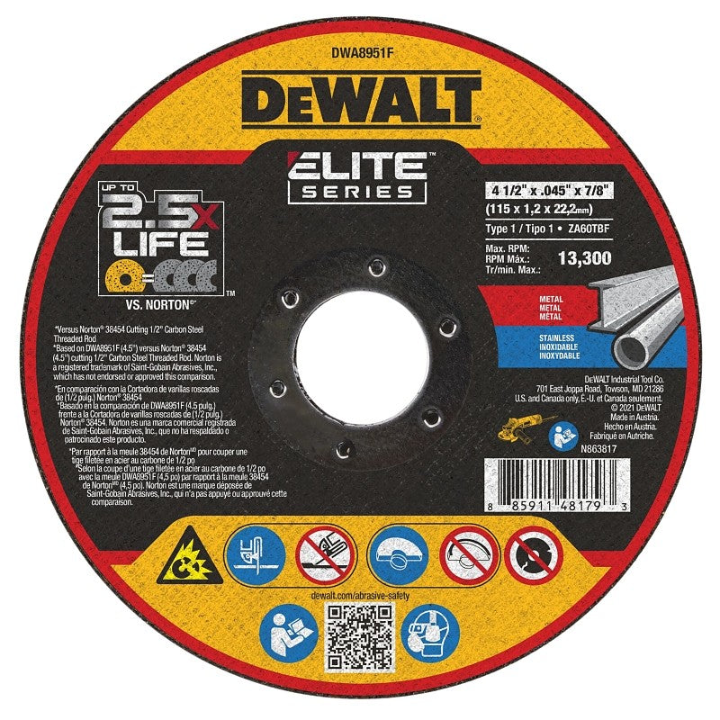 DEWALT DWA8951F Cut-Off Wheel, 4-1/2 in Dia, 0.045 in Thick, Aluminum Oxide Abrasive, 7/8 in Arbor