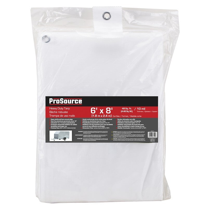 ProSource TW0608 Tarp, 8 ft L, 6 ft W, 10 mil Thick, Plastic, White