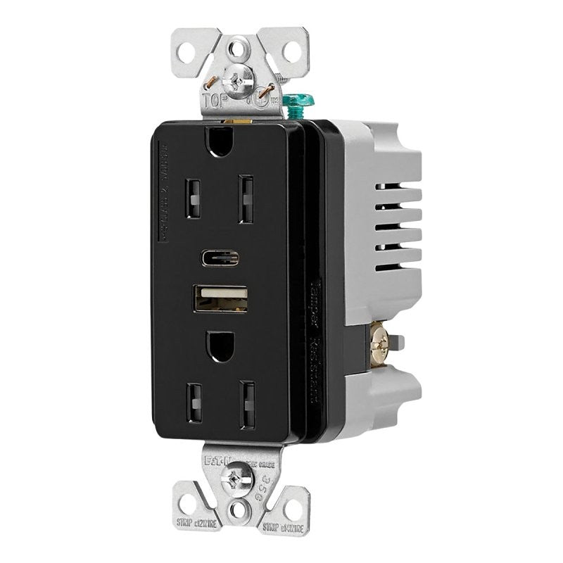 Eaton TRUSBAC15BK-KB-L Combination USB Receptacle, 2-Pole, 15 A, 125 V, 2-USB Port, Type A, C USB, NEMA: 5-15R, Black (Pack of 4)