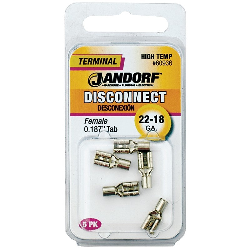 Jandorf 60936 Disconnect Terminal, 22 to 18 AWG Wire, Nickel, 5/PK