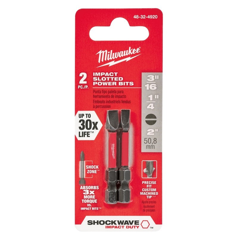 Milwaukee SHOCKWAVE 48-32-4920 Power Bit, 3/16, 1/4 in Drive, Slotted Drive, 1/4 in Shank, Hex Shank, 2 in L