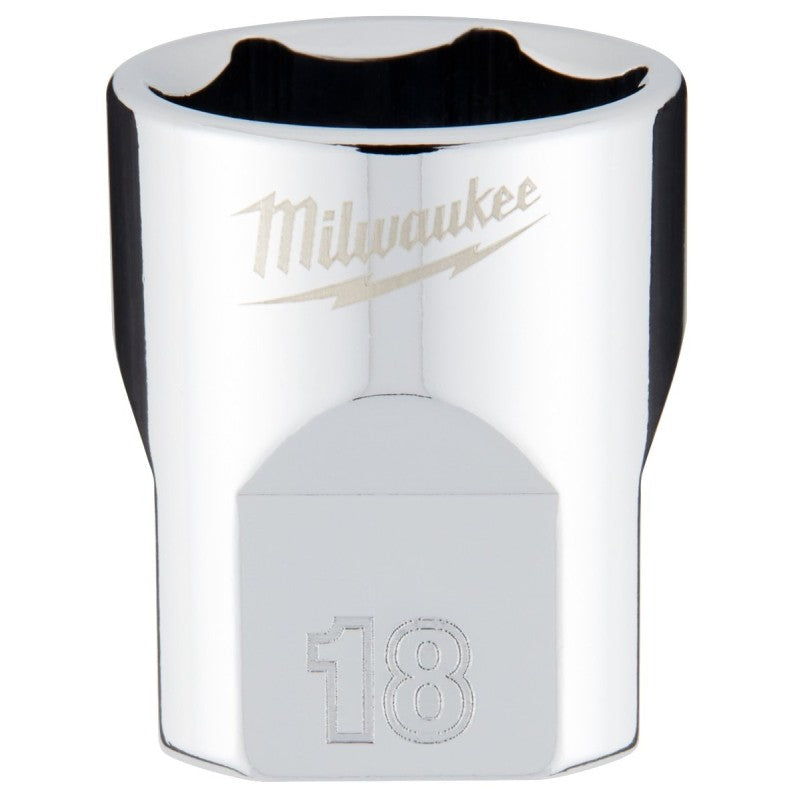 Milwaukee 45-34-9088 Socket, 18 mm Socket, Standard Socket, 3.543 in OAL, 3/8 in Drive, 6-Point, Chrome Vanadium Steel