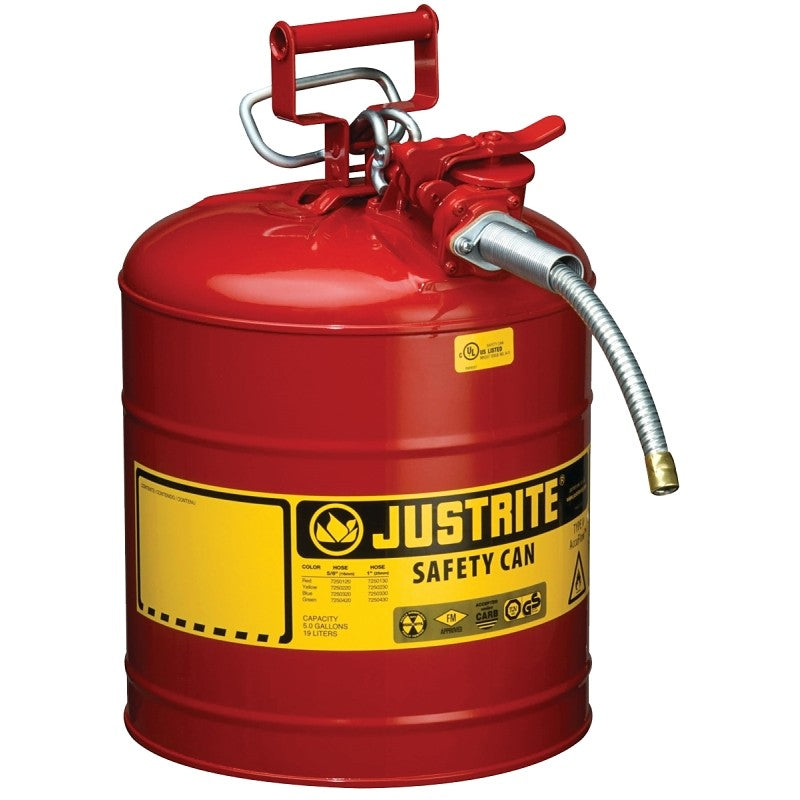 Justrite 7250120 Safety Can, 11-3/4 in Dia, 17-1/2 in OAH, 5 gal, Steel, Red