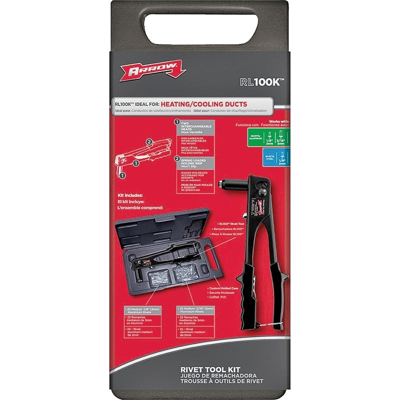 Arrow RL100K Rivet Tool Kit, 1/8, 3/16 in Rivet, Non-Slip Grip Handle, Steel
