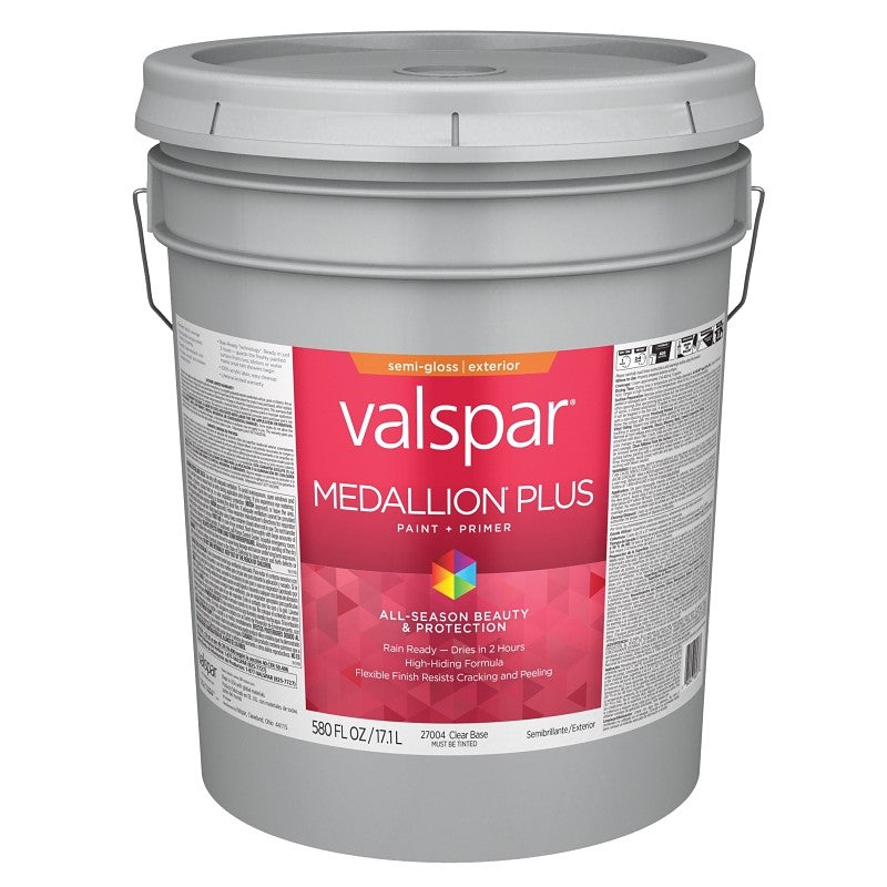 Valspar Medallion Plus 2600 028.0027004.008 Latex Paint, Acrylic Base, Semi-Gloss Sheen, Clear Base, 5 gal
