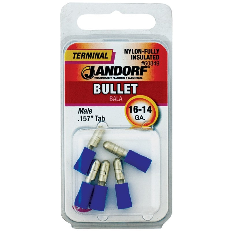 Jandorf 60849 Bullet Terminal, 600 V, 16 to 14 AWG Wire, Nylon Insulation, Copper Contact, Blue, 5/PK