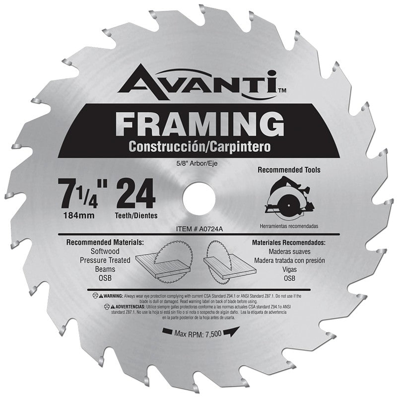 Avanti A0724A Circular Saw Blade, 7-1/4 in Dia, 24-Teeth, 5/8 in Arbor, Carbide Cutting Edge