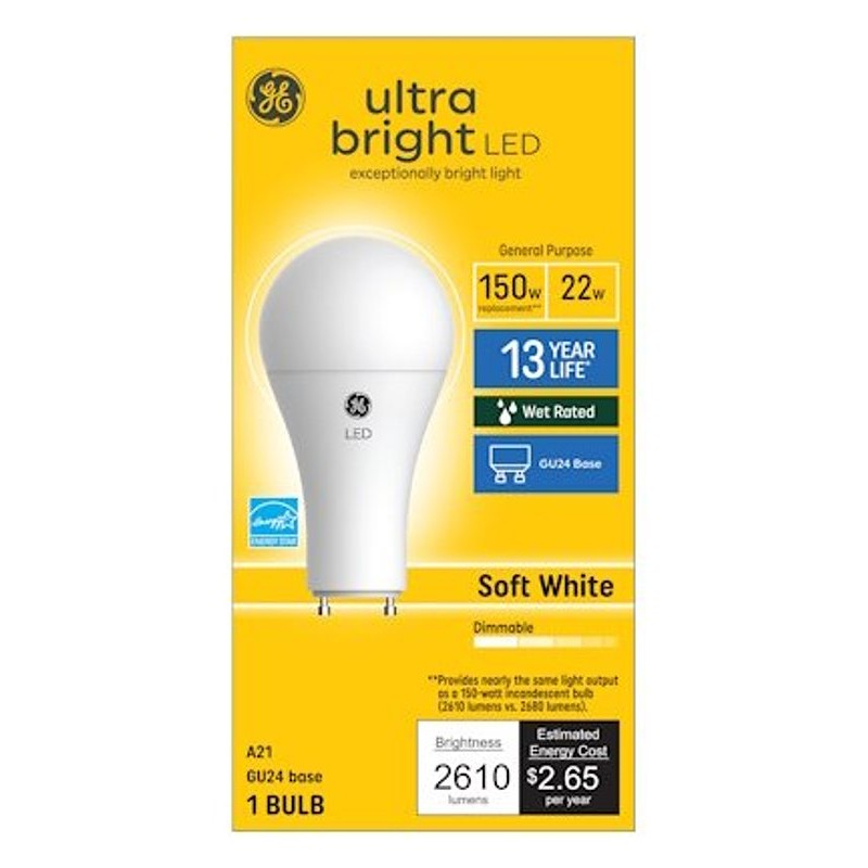 GE 93129364 LED Bulb, A21 Lamp, 150 W Equivalent, GU24 Lamp Base, Dimmable, Soft White Light, 2700 K Color Temp