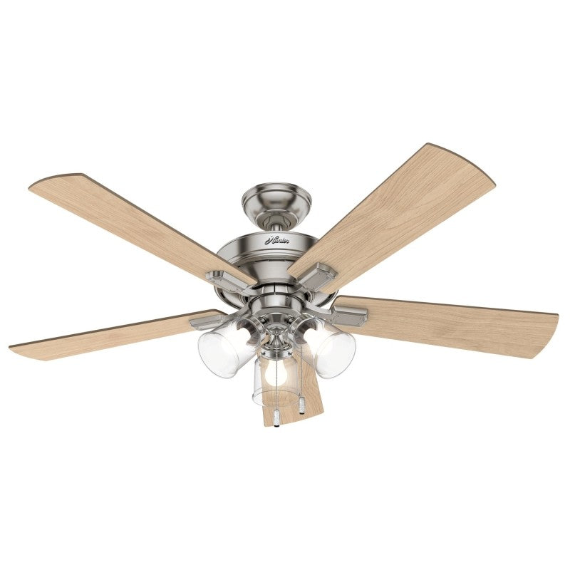 Hunter Crestfield Series 54206 Ceiling Fan, 5-Blade, Bleached Gray Pine/Natural Wood Blade, 52 in Sweep, MDF Blade