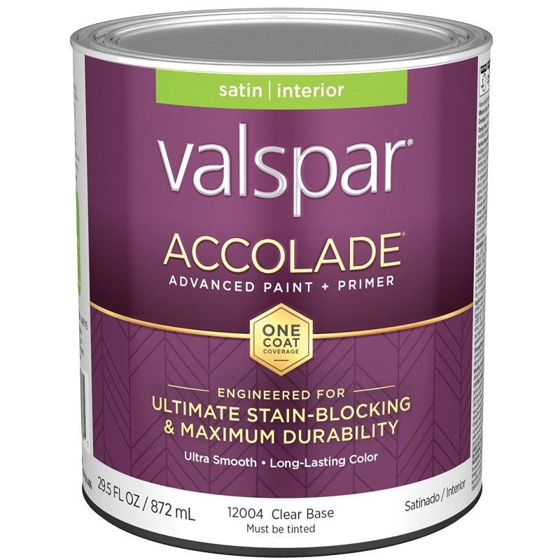 Valspar Accolade 1200 028.0012004.005 Latex Paint, Acrylic Base, Satin, Clear Base, 1 qt, Plastic Can
