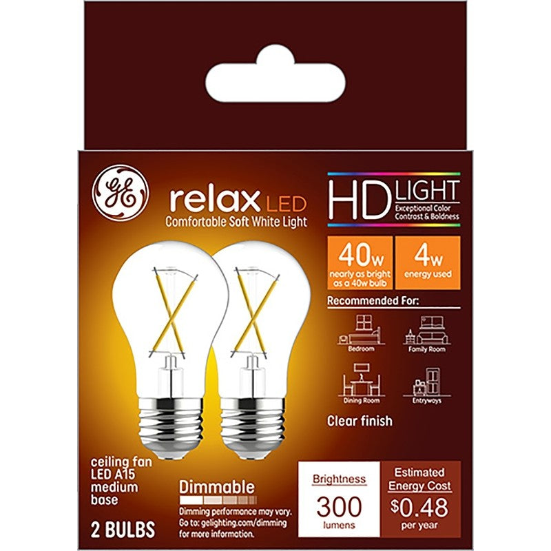 GE Relax 31313 Replacement Bulb, A15 Lamp, 40 W Equivalent, Medium (E26) Lamp Base, Dimmable, Clear, Soft White Light