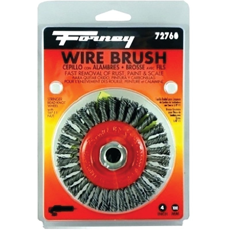 Forney 72760 Wire Wheel Brush, 4 in Dia, 5/8-11 Arbor/Shank, Stringer Bead Bristle, 0.02 in Dia Bristle