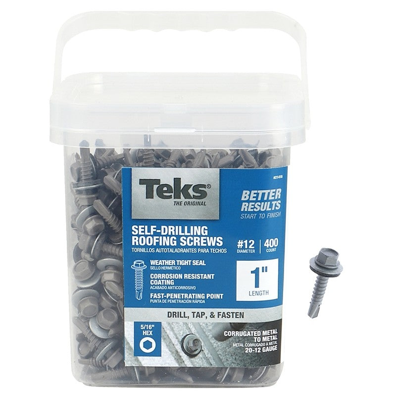 Teks 21418 Roofing Screw, #12 Thread, Coarse Thread, Hex Drive, Self-Drilling, Self-Tapping Point, Steel, Zinc, 400 PAIL