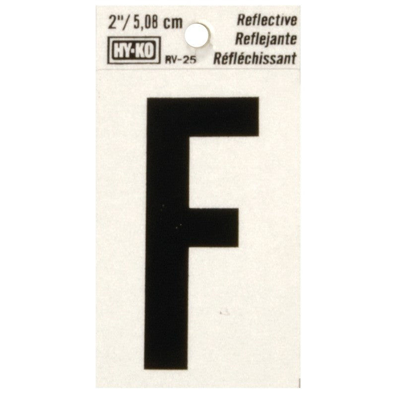 Hy-Ko RV-25/F Reflective Letter, 1-1/2 in W x 3 in H Dimensions, Character: F, 2 in H Character, Black Character, Vinyl (Pack of 10)