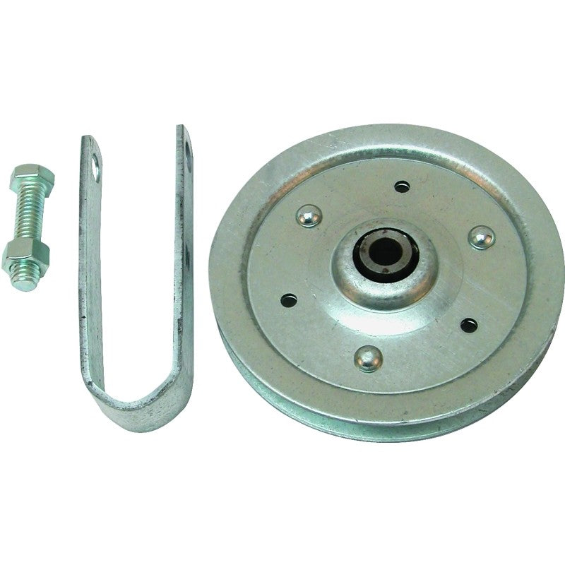Prime-Line GD 52108 Pulley with Strap and Axle Bolt, 4 in Dia, 3/16 in Dia Bore, Galvanized Steel