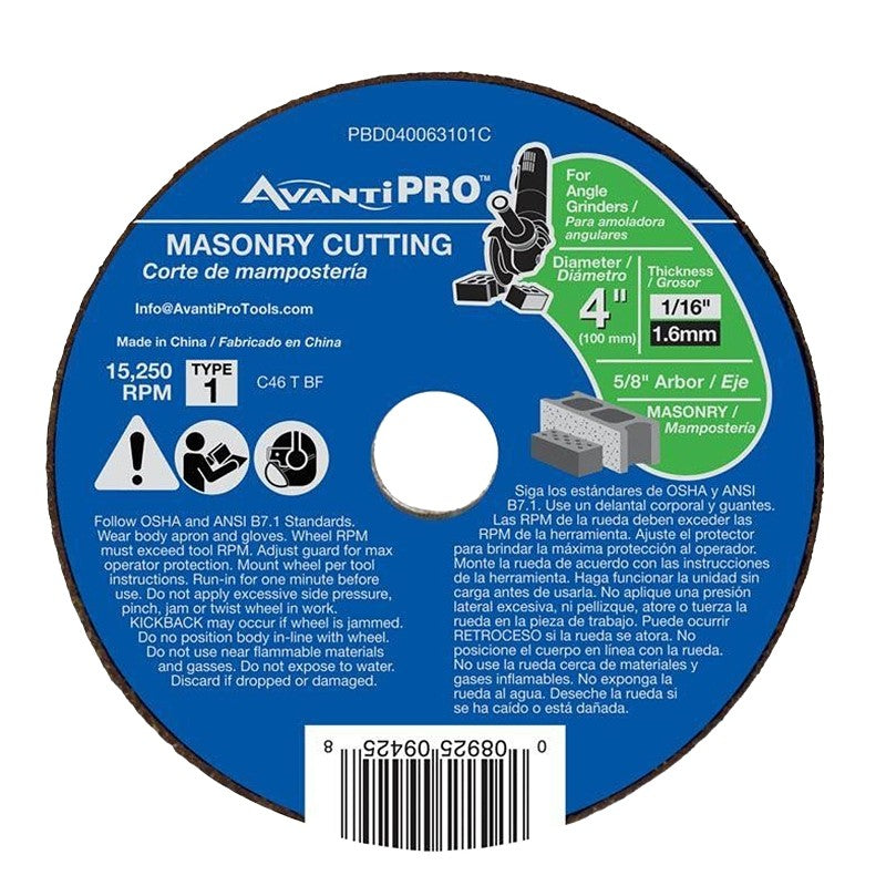 Avanti Pro PBD040063101C Cut-Off Wheel, 4 in Dia, 1/16 in Thick, 5/8 in Arbor, Silicone Carbide Abrasive