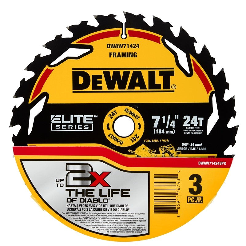 DEWALT ELITE Series DWAW714243PK Circular Saw Blade, 7-1/4 in Dia, 5/8 in Arbor, 24-Teeth, 3/PK