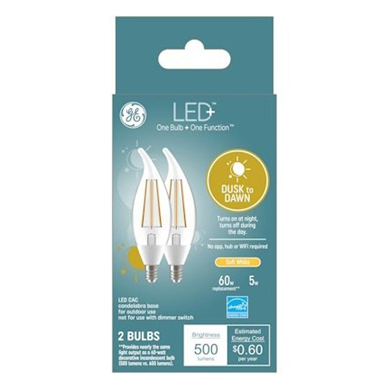 GE LED+ 93121492 Dusk To Dawn Light Bulb, CAC Lamp, 60 W Equivalent, Candelabra (E12) Lamp Base, Non-Dimmable, Clear