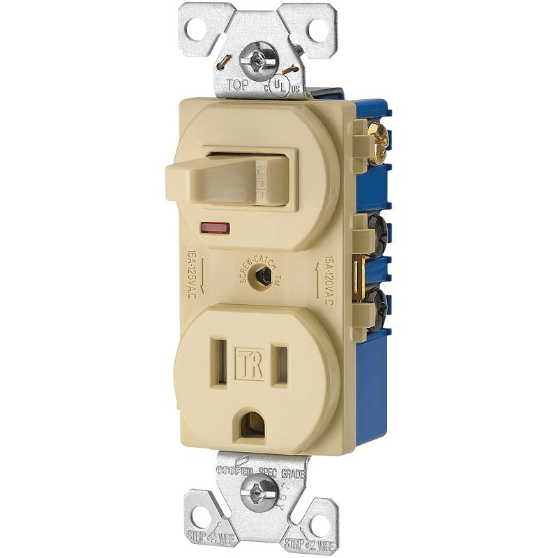 Eaton TR274V Combination Switch, 1-Pole, 15 A, 120/125 V, NEMA: NEMA 5-15R, Ivory